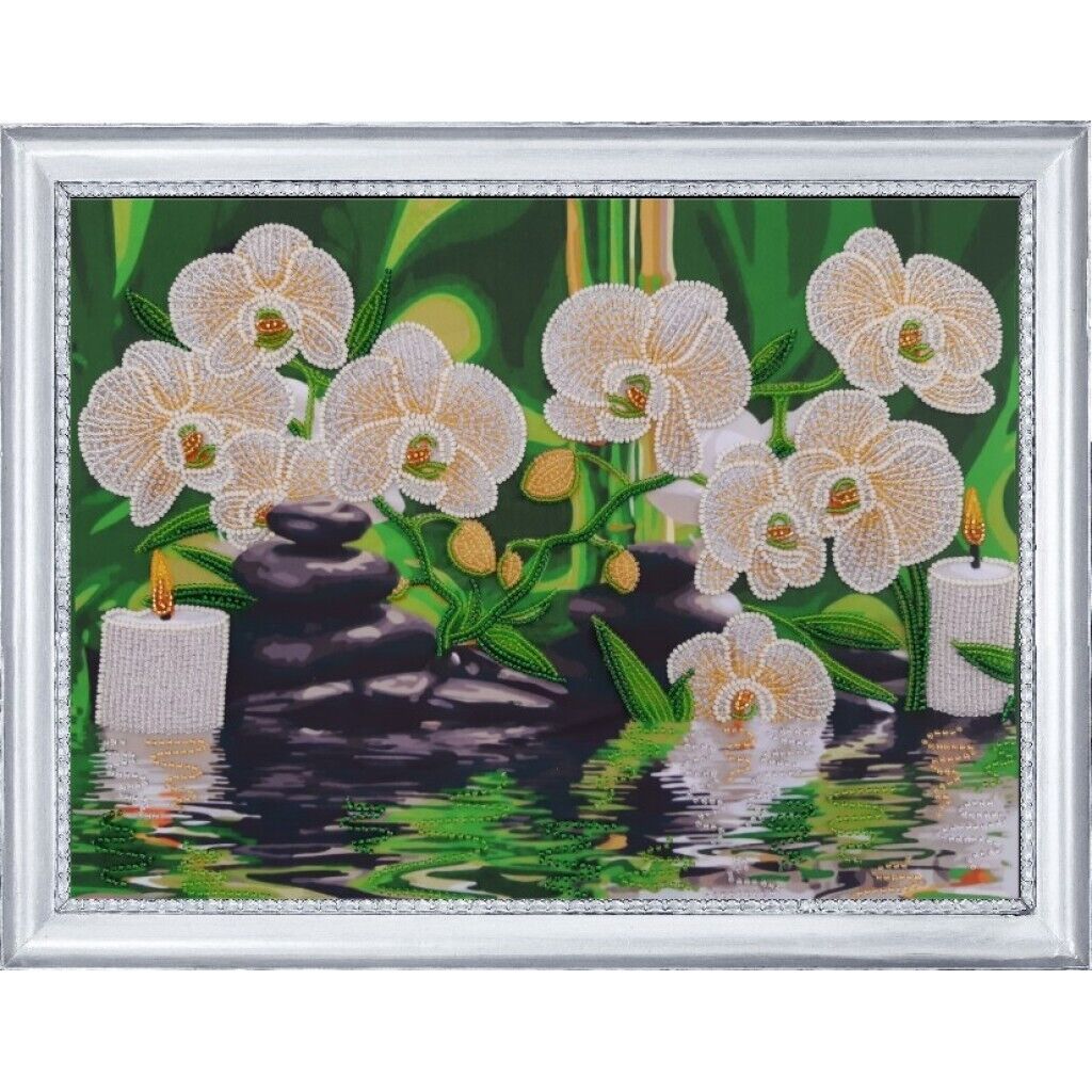 Bead Embroidery Kit White orchids DIY Bead needlepoint Bead stitching Beadwork