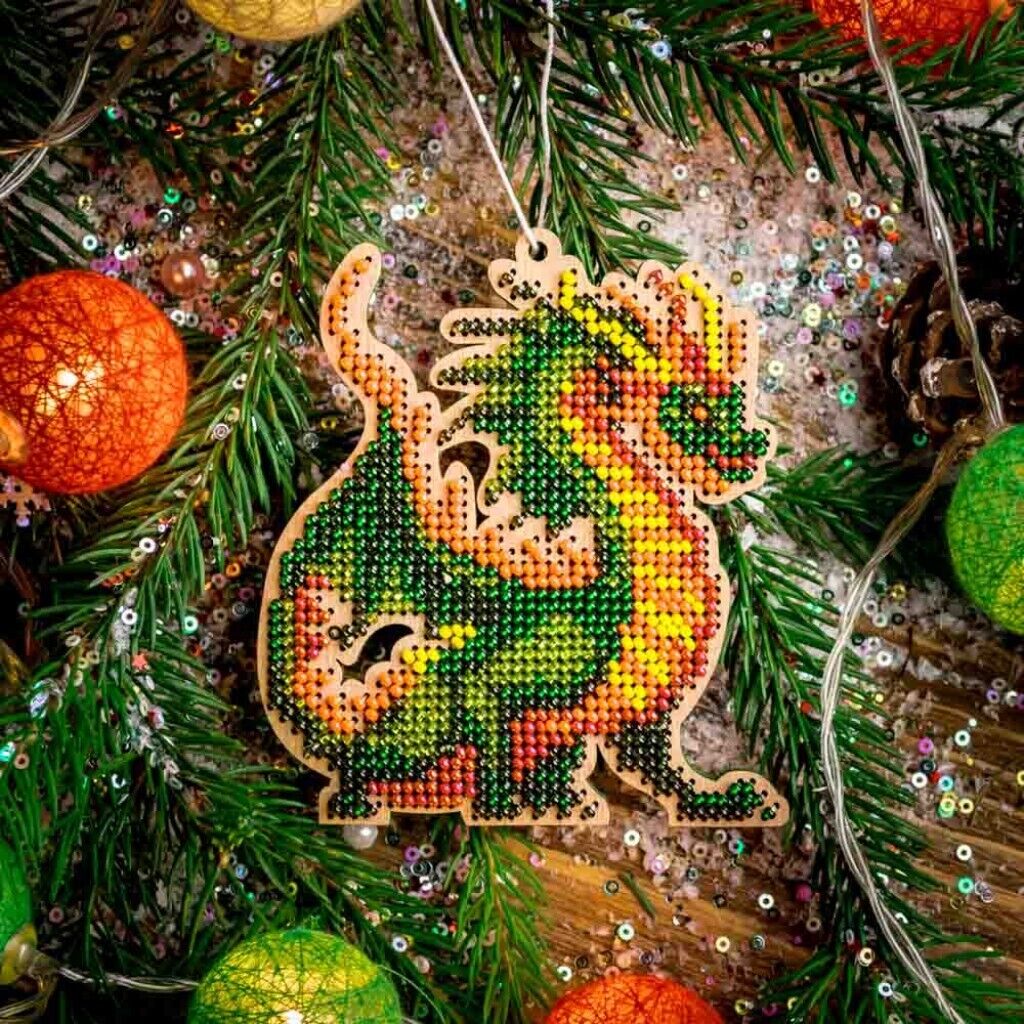 Bead Embroidery Kit on Wood Dragon DIY Christmas tree toy