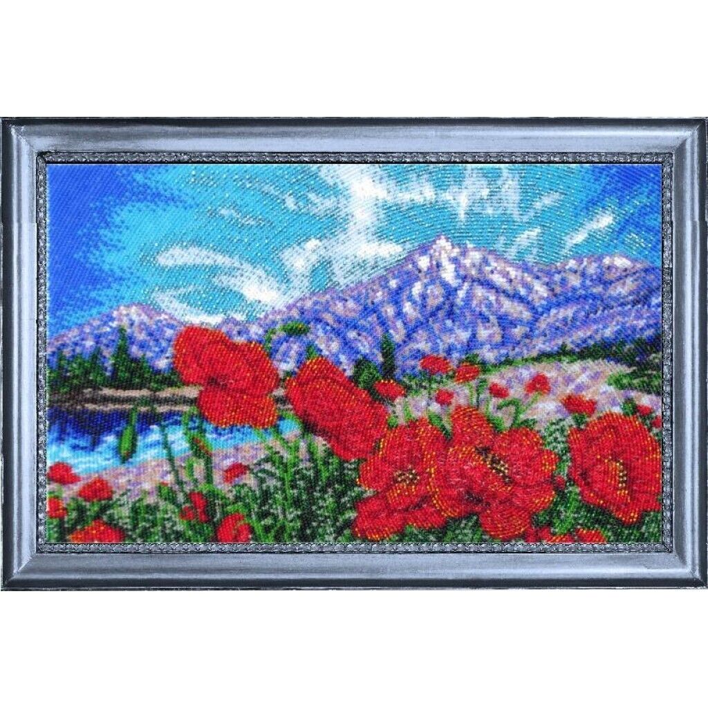 Bead Embroidery Kit Mountain poppies Beaded needlepoint Bead stitching Beadwork