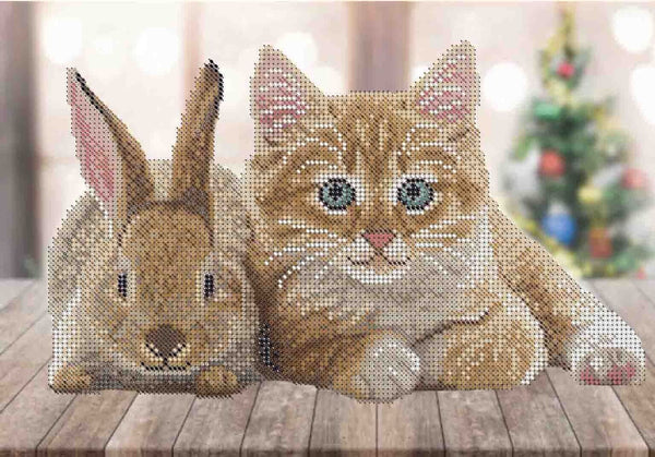 Bead Embroidery Kit Cat with rabbit DIY Beaded needlepoint Beaded stitching