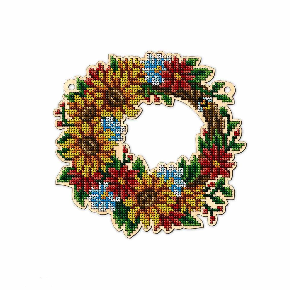 Bead Embroidery Kit on Wood Wreath with flowers DIY