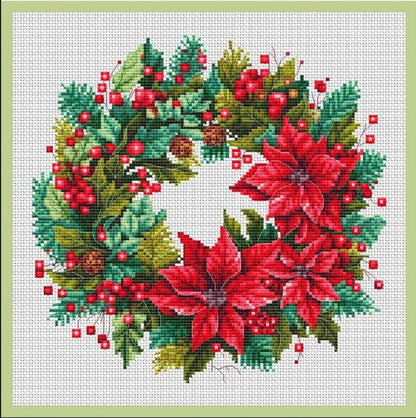Counted Cross Stitch kit "Christmas wreath" (Новорічний вінок) by Kolorova. Finished embroidered design on white Aida canvas featuring three large red poinsettias, evergreen branches, pinecones, and red berries. Includes text: "25 x 25 cm" (Size) and "38 colors" (Colors)