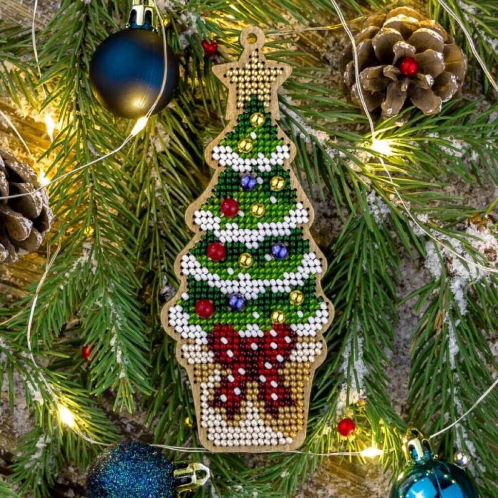 Bead Embroidery Kit on Wood Christmas tree DIY Christmas tree toy