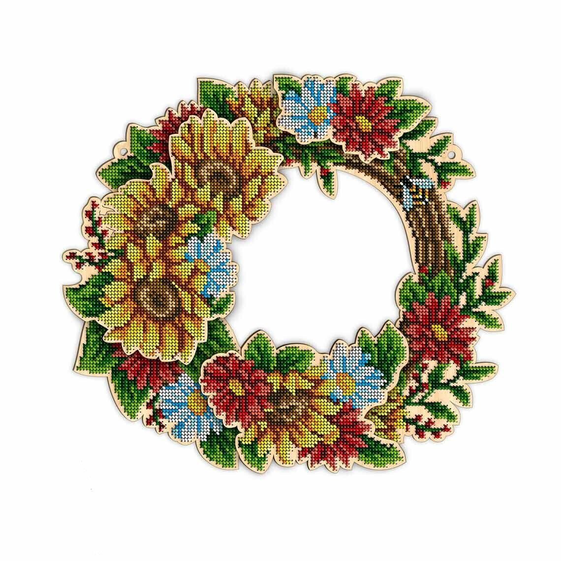 Bead Embroidery Kit on Wood Wreath with flowers DIY