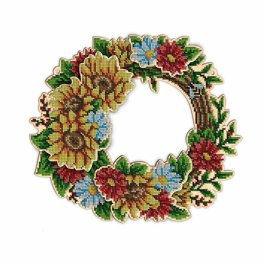 Bead Embroidery Kit on Wood Wreath with flowers DIY