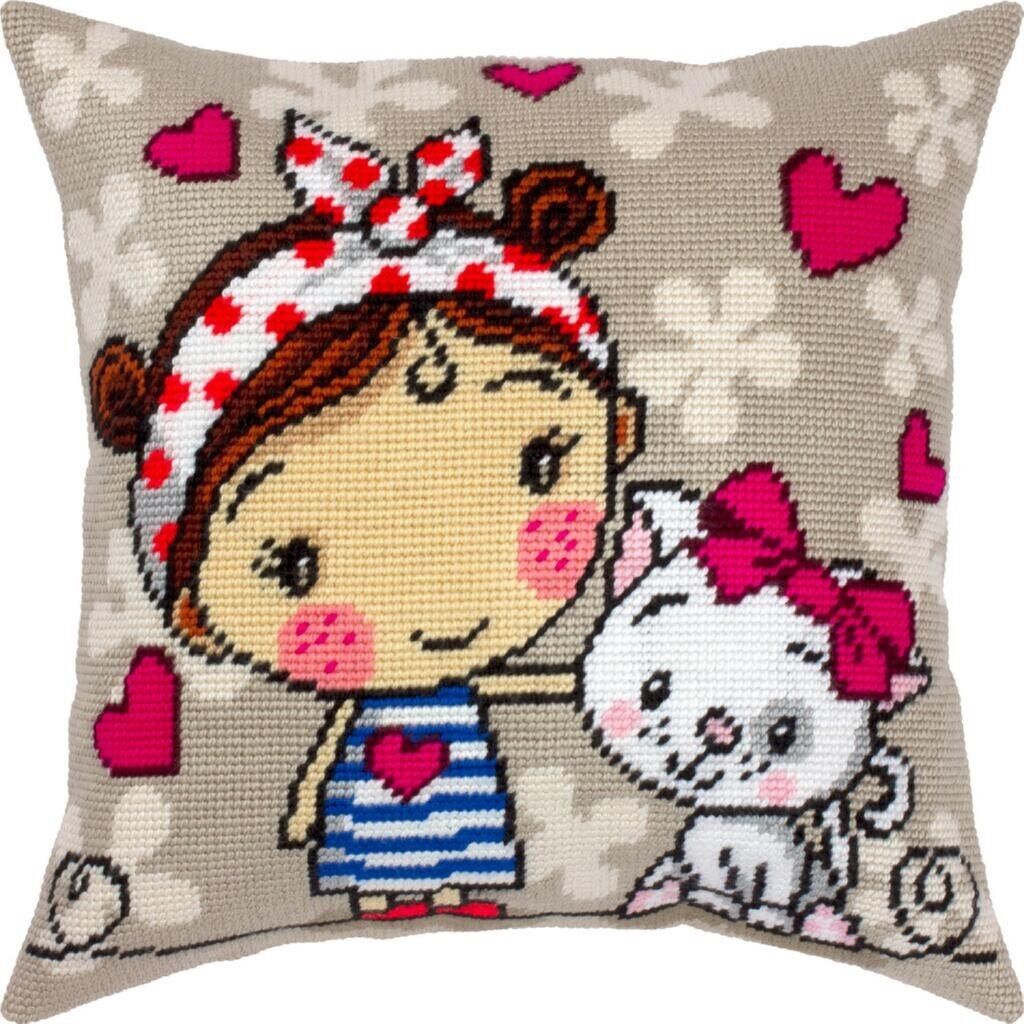 Tapestry Pillow Cover DIY kit "Girl with a cat" Needlepoint kit Printed canvas