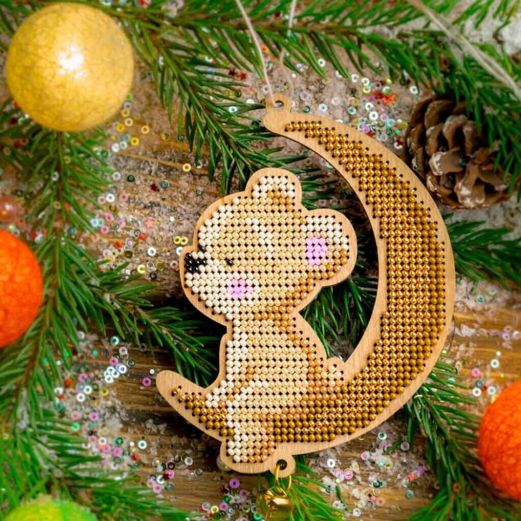 Bead Embroidery Kit on Wood Bear on the moon DIY Christmas tree toy