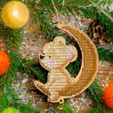 Bead Embroidery Kit on Wood Bear on the moon DIY Christmas tree toy