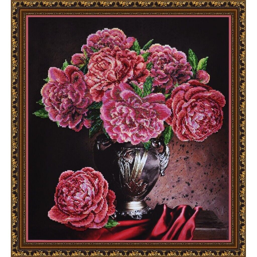 Bead Embroidery Kit Peonies Flowers DIY Beaded needlepoint Beaded stitching