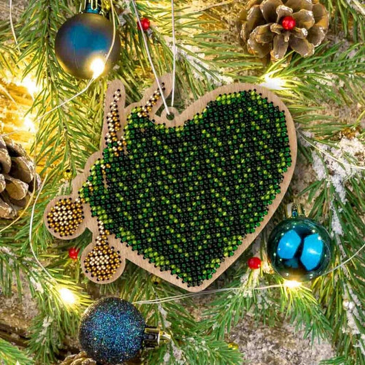 Bead Embroidery Kit on Wood Heart DIY Christmas tree toy