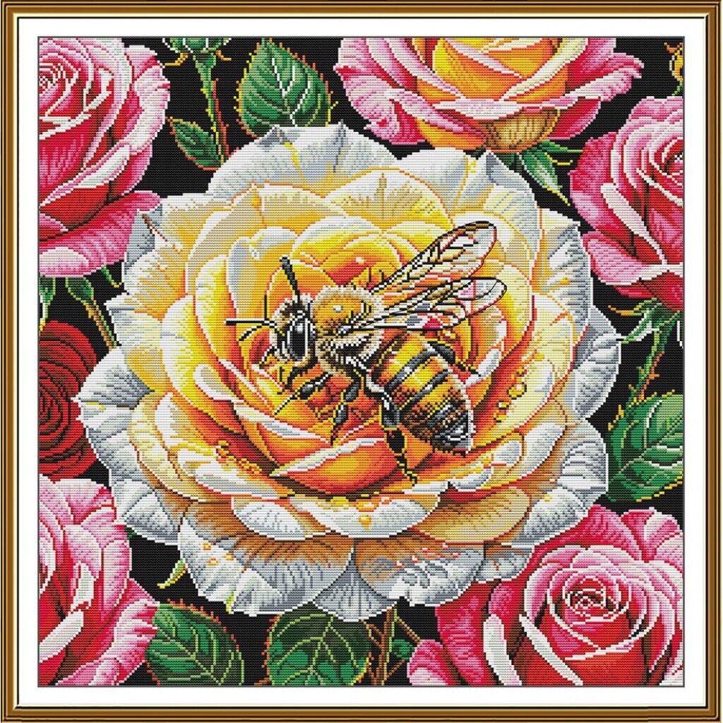 Counted Cross Stitch Kit Bee on roses Flowers DIY Unprinted canvas