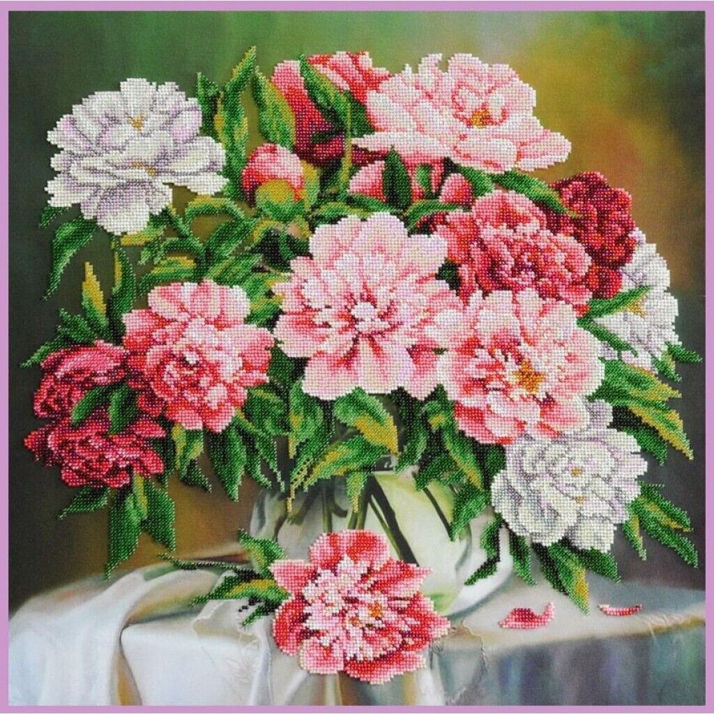 Bead Embroidery Kit Peonies Flowers DIY Beaded needlepoint Beaded stitching