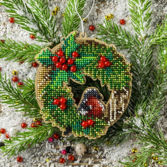 Bead Embroidery Kit on Wood Christmas wreath DIY Christmas tree toy