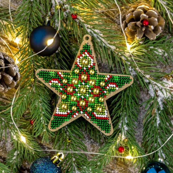 Bead Embroidery Kit on Wood Star DIY Christmas tree toy