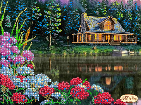 Bead Embroidery Kit Lodge at the lake Beaded needlepoint Beaded stitching