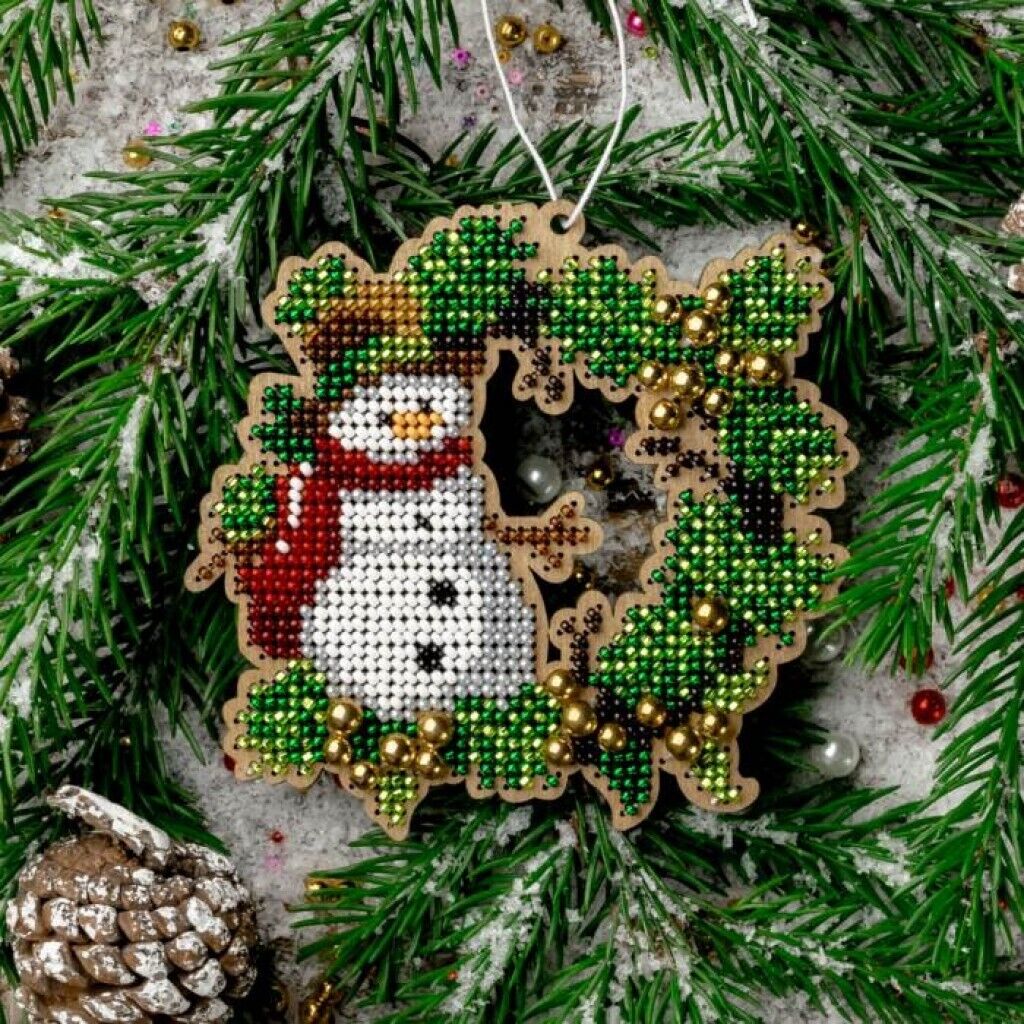 Bead Embroidery Kit on Wood Christmas wreath DIY Christmas tree toy