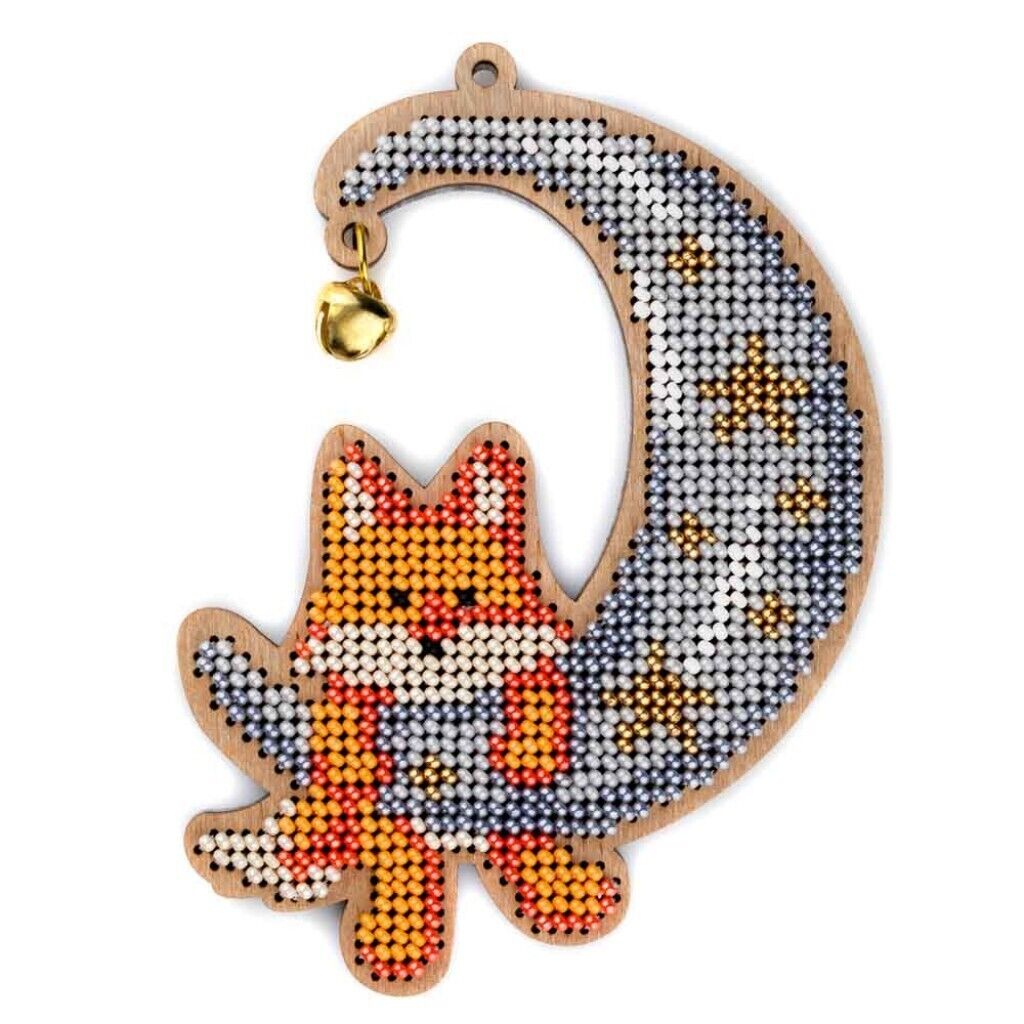 Bead Embroidery Kit on Wood Fox on the moon DIY Christmas tree toy