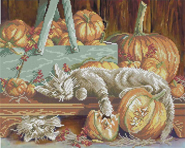 Bead Embroidery Kit Cat with pumpkin DIY Beaded needlepoint Beaded stitching