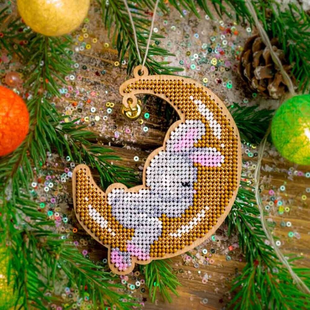 Bead Embroidery Kit on Wood Rabbit on the moon DIY Christmas tree toy