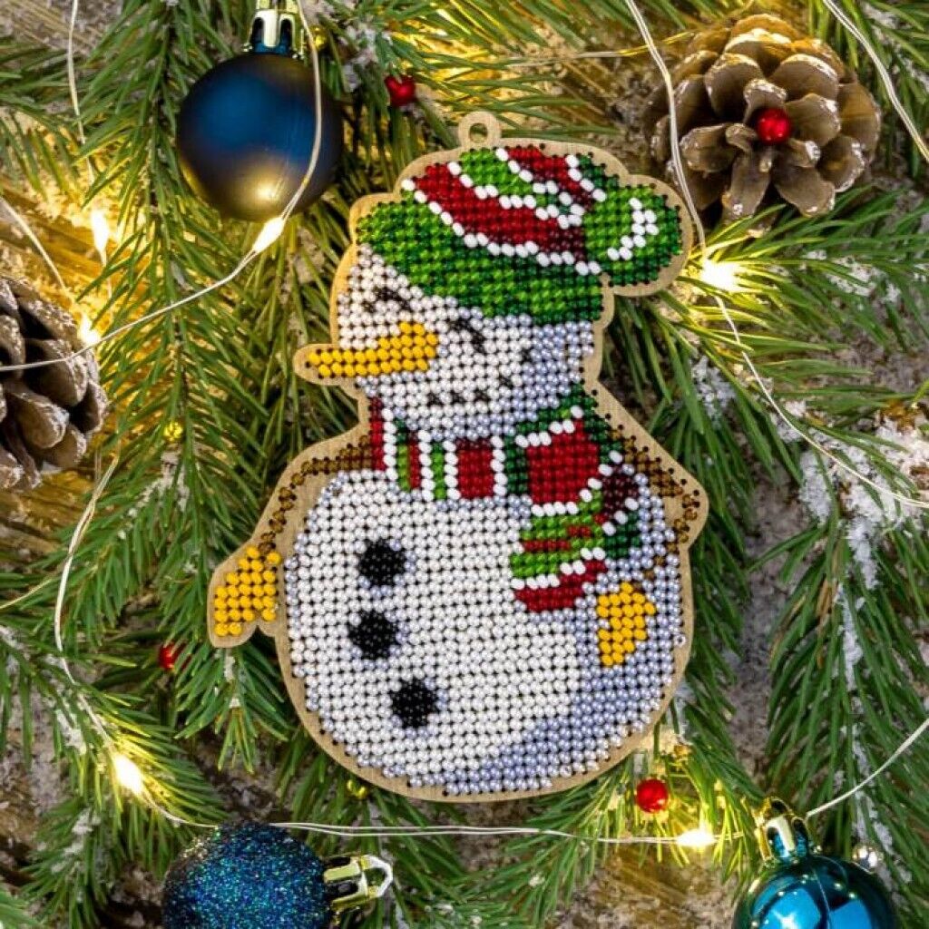 Bead Embroidery Kit on Wood Snowman DIY Christmas tree toy