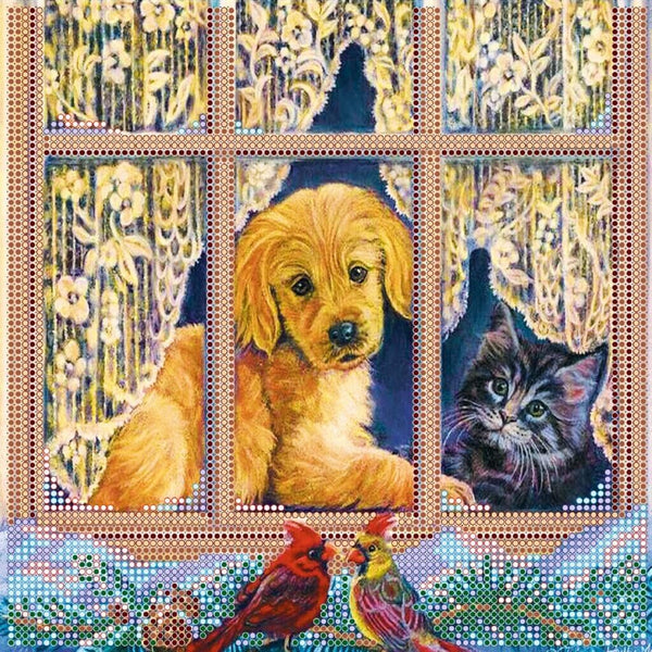 Bead Embroidery Kit DIY Cat and dog Near the window Beaded needlepoint Beadwork