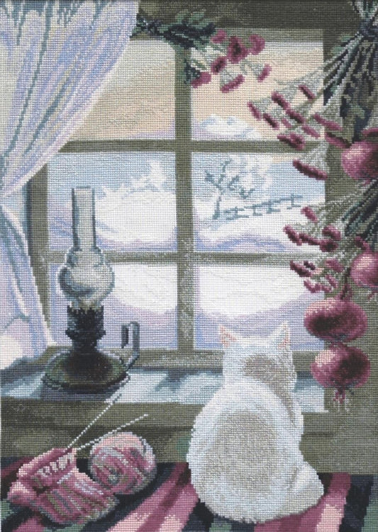 Counted Cross Stitch Kit Cat near the window DIY Unprinted canvas