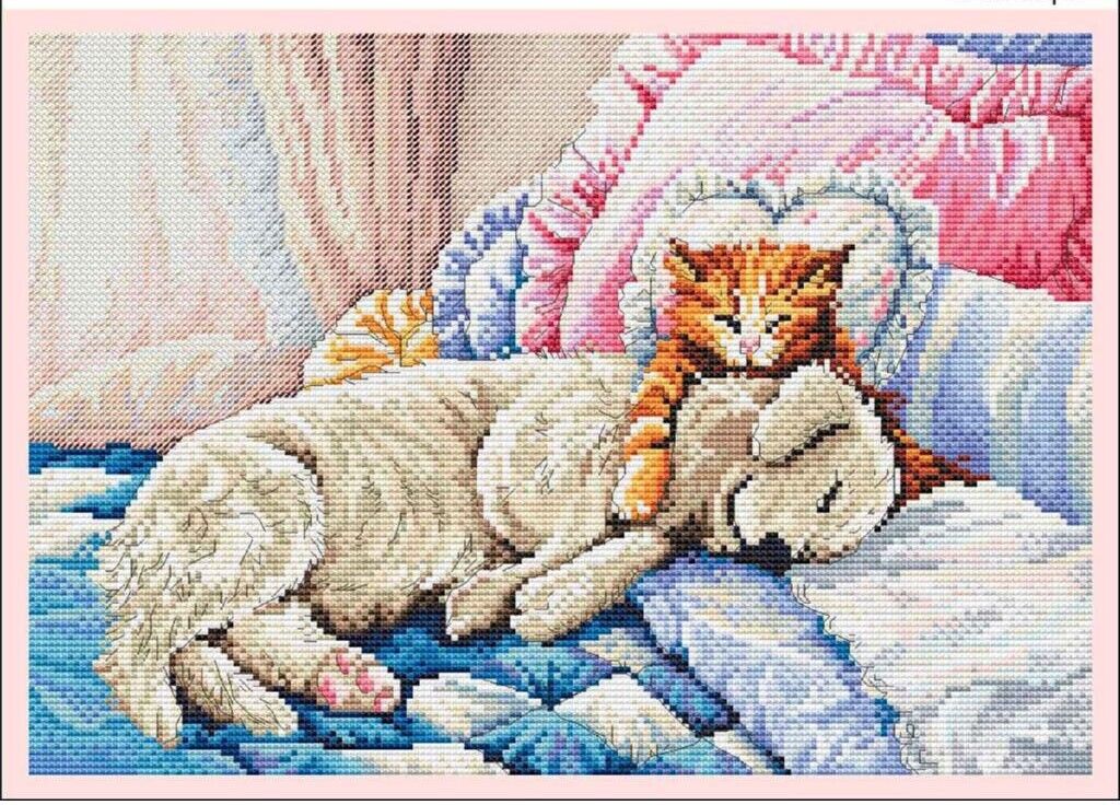Counted Cross Stitch Kit Cat with dog DIY Unprinted canvas