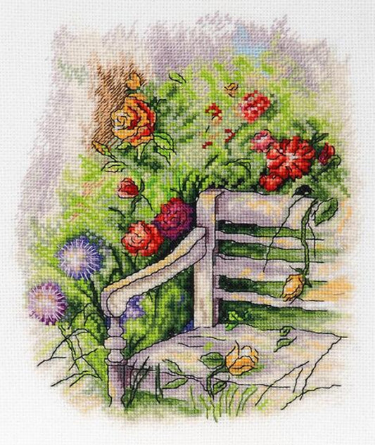 Counted Cross Stitch Kit Bench with flowers DIY Alisena