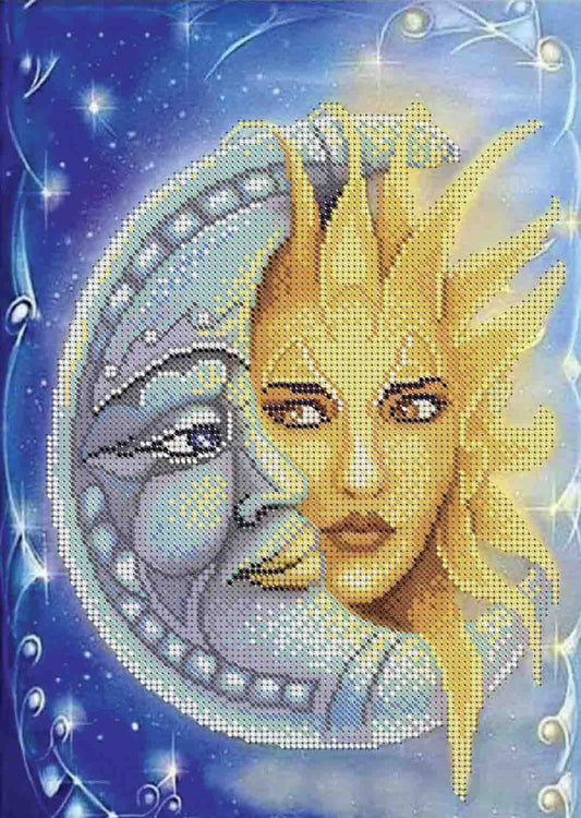 A diamond painting or bead art design featuring a split moon and sun face, with a human face emerging from the center, set against a starry blue cosmic background.
