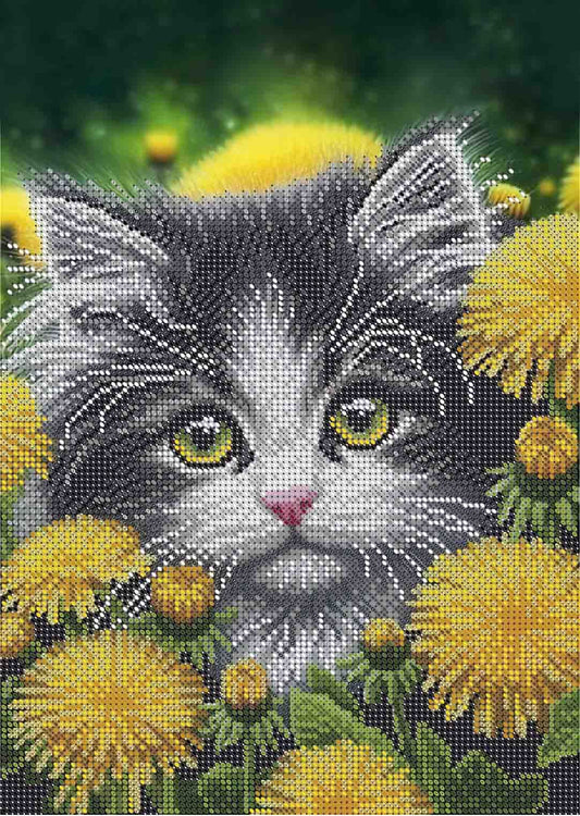 Bead Embroidery Kit Cat in flowers DIY