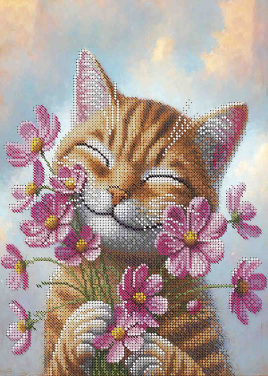 Bead Embroidery Kit Cat with flowers DIY