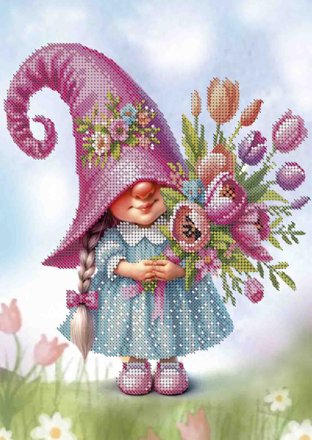 A pixelated cross-stitch style illustration of a cute gnome girl in a tall pink hat and blue dress holding a bouquet of pink and orange flowers, set against a soft pastel sky and grass background.