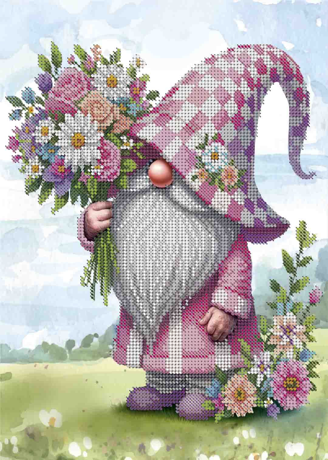 A pixelated cross-stitch style illustration of a pink-and-white checkered gnome holding a bouquet of flowers, standing in a grassy field with flowers around it.