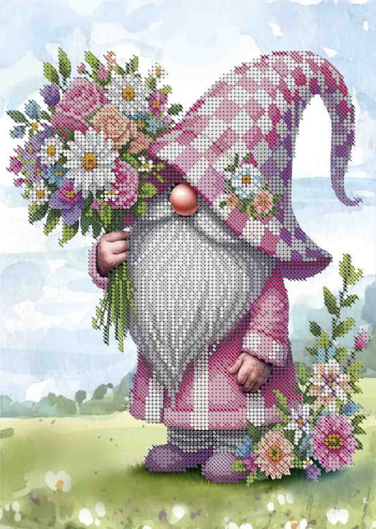 A pixelated cross-stitch style illustration of a pink-and-white checkered gnome holding a bouquet of flowers, standing in a grassy field with flowers around it.