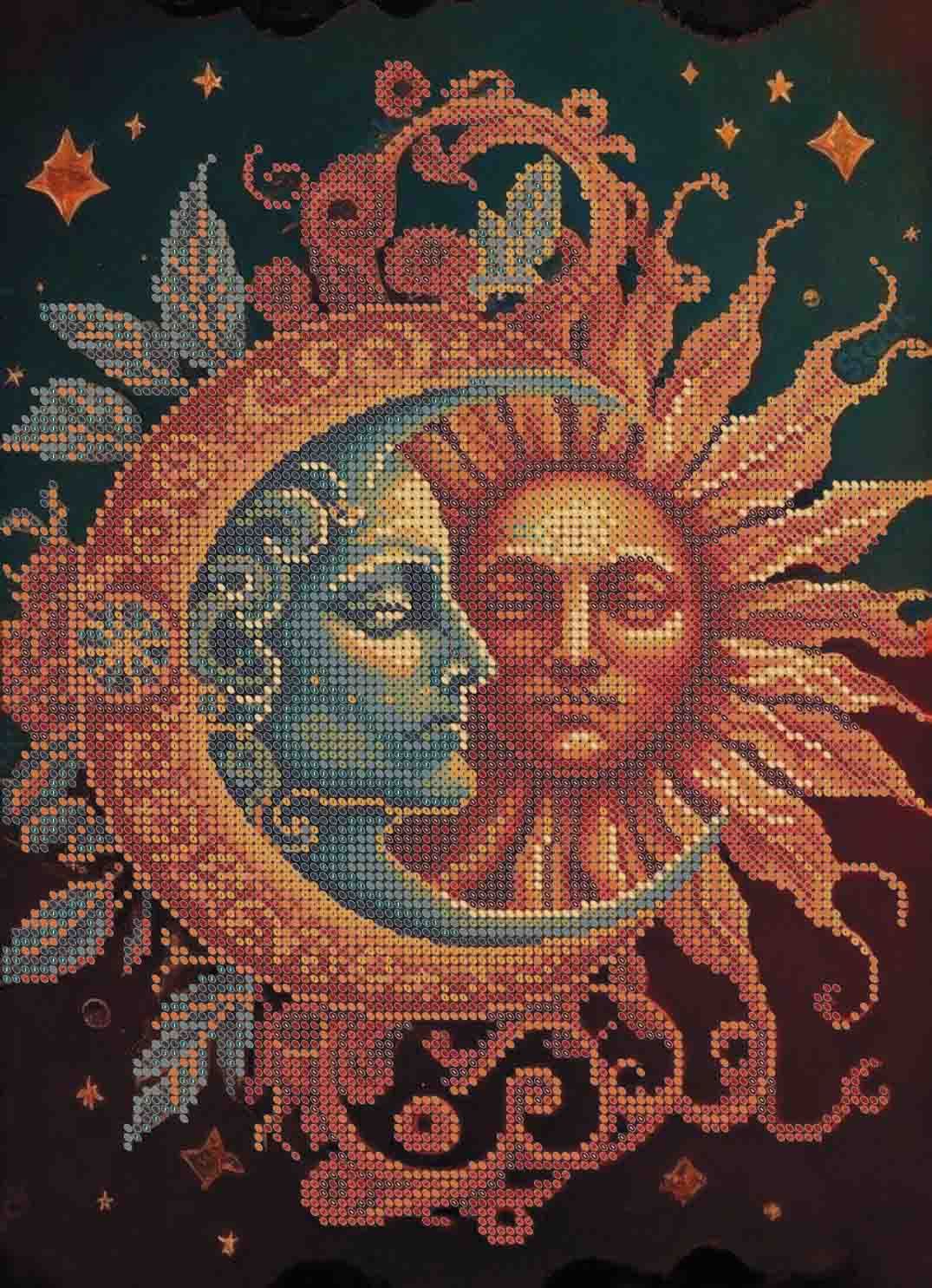 A square textile or art print featuring a stylized celestial design with a blue moon face and a red-orange sun face, surrounded by stars and ornate decorative motifs on a dark background.