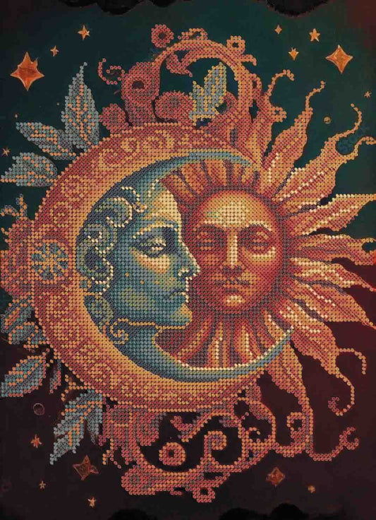 A square textile or art print featuring a stylized celestial design with a blue moon face and a red-orange sun face, surrounded by stars and ornate decorative motifs on a dark background.