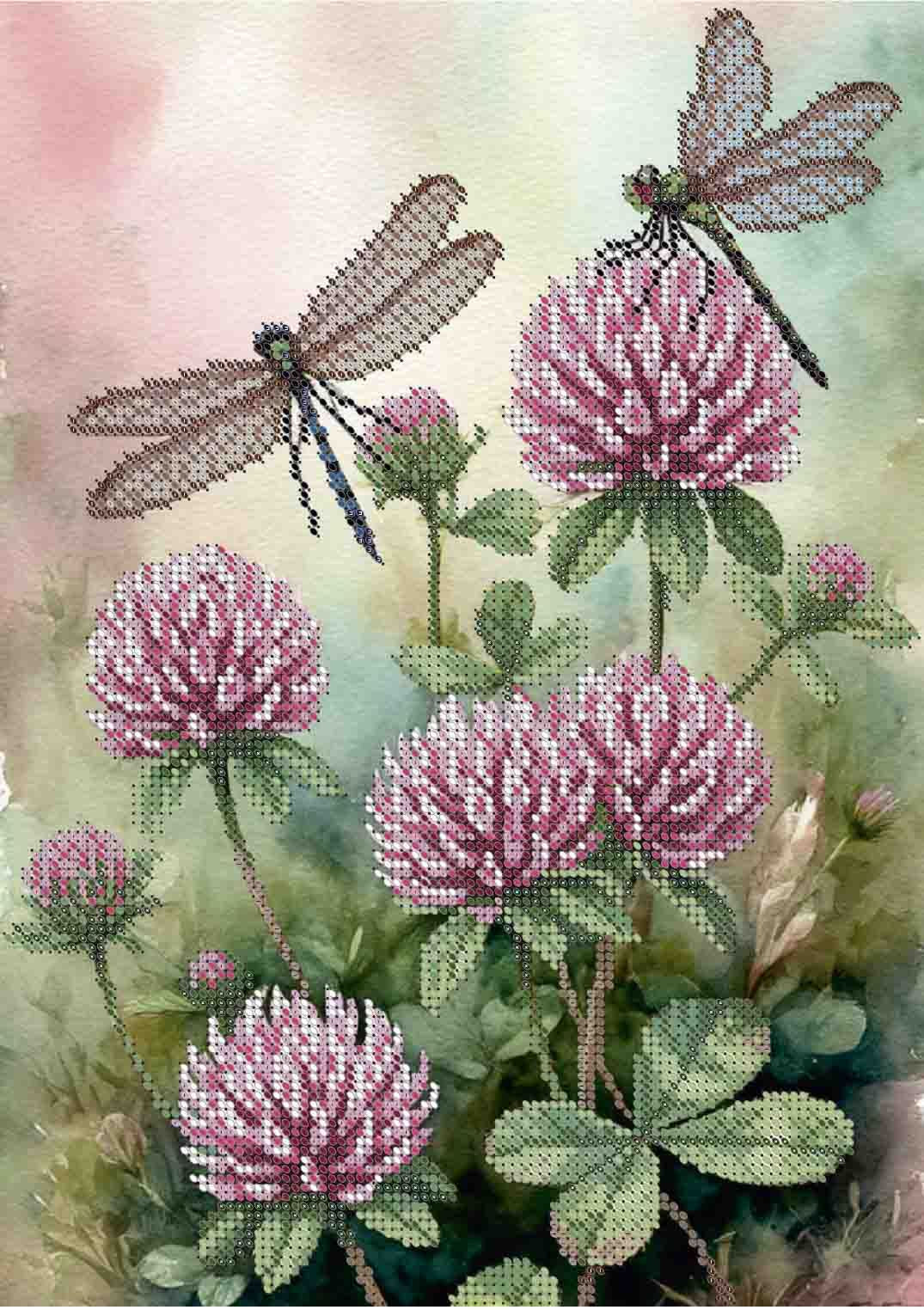 Watercolor-style artwork showing pink clover flowers and two dragonflies on a soft pastel background.