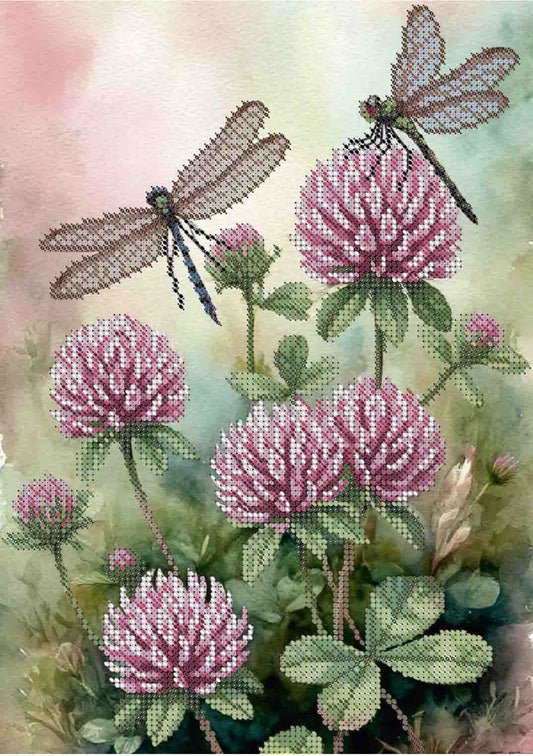 Watercolor-style artwork showing pink clover flowers and two dragonflies on a soft pastel background.
