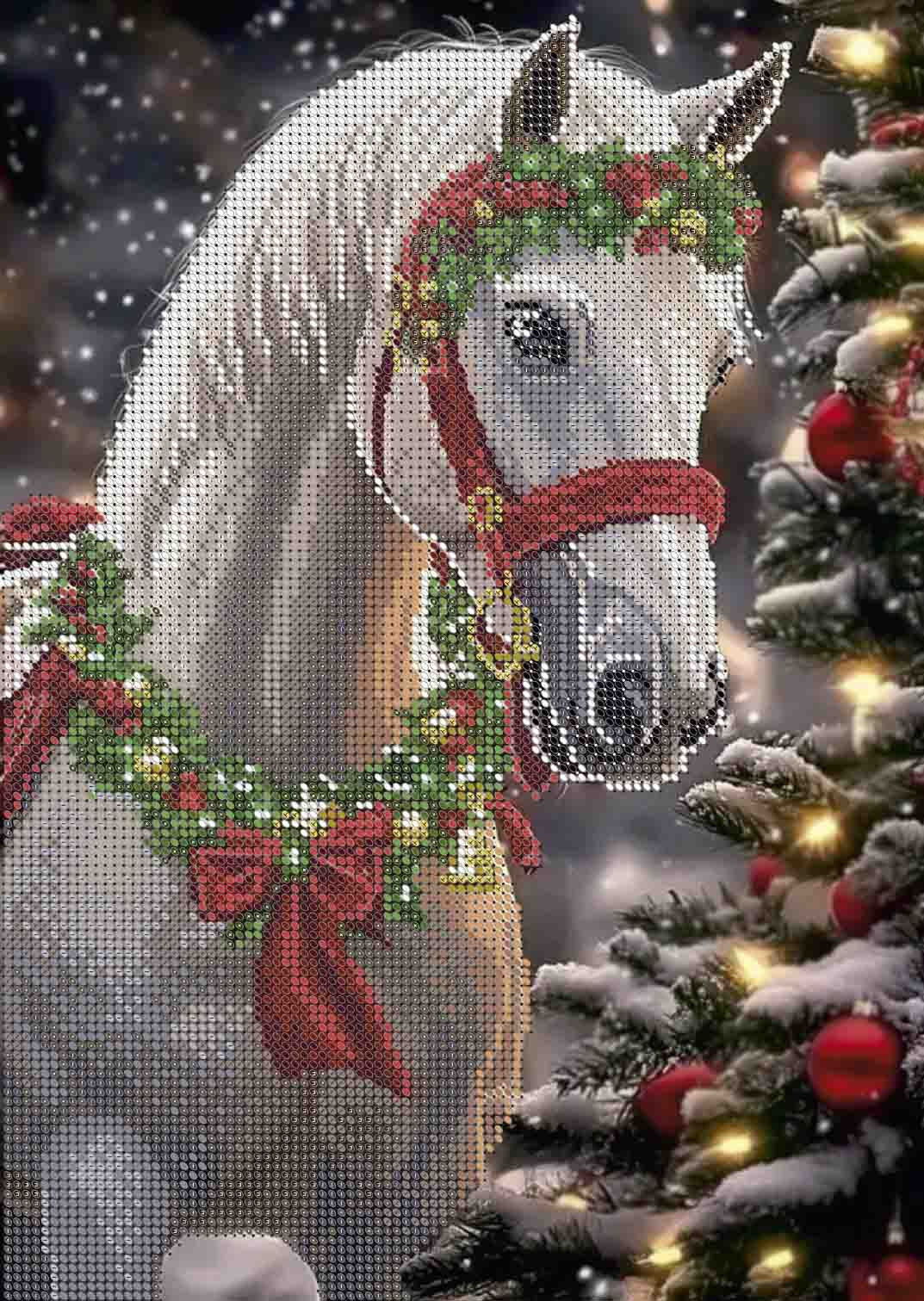 A festive diamond painting or cross-stitch style artwork of a white horse wearing a red bridle and green holiday wreaths with red bows, set beside a snow-covered Christmas tree with warm lights and red ornaments.