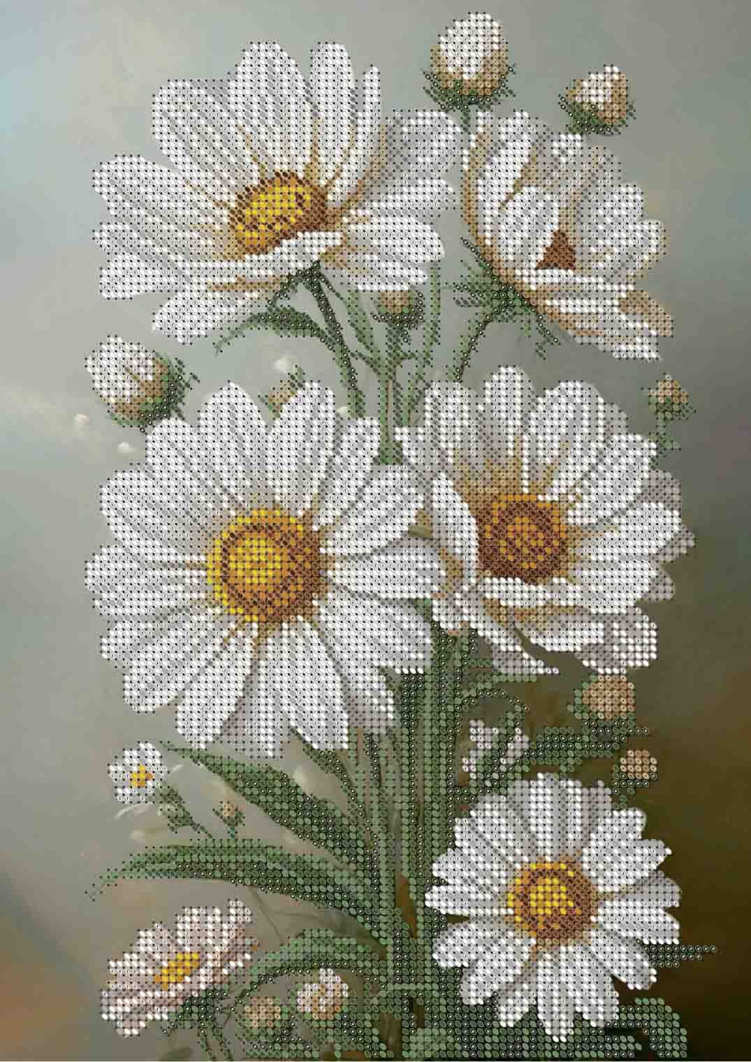 A needlepoint or diamond painting canvas design featuring white daisies with yellow centers and green stems on a soft gray-green background.