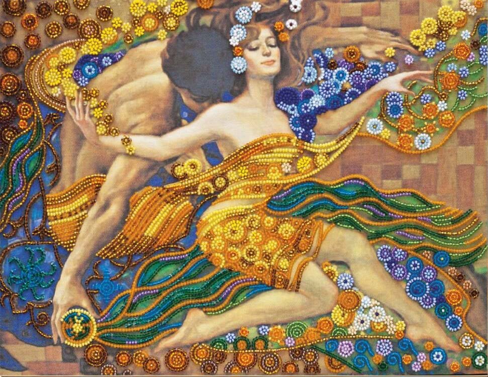 Decorative artwork of two figures intertwined with floral elements