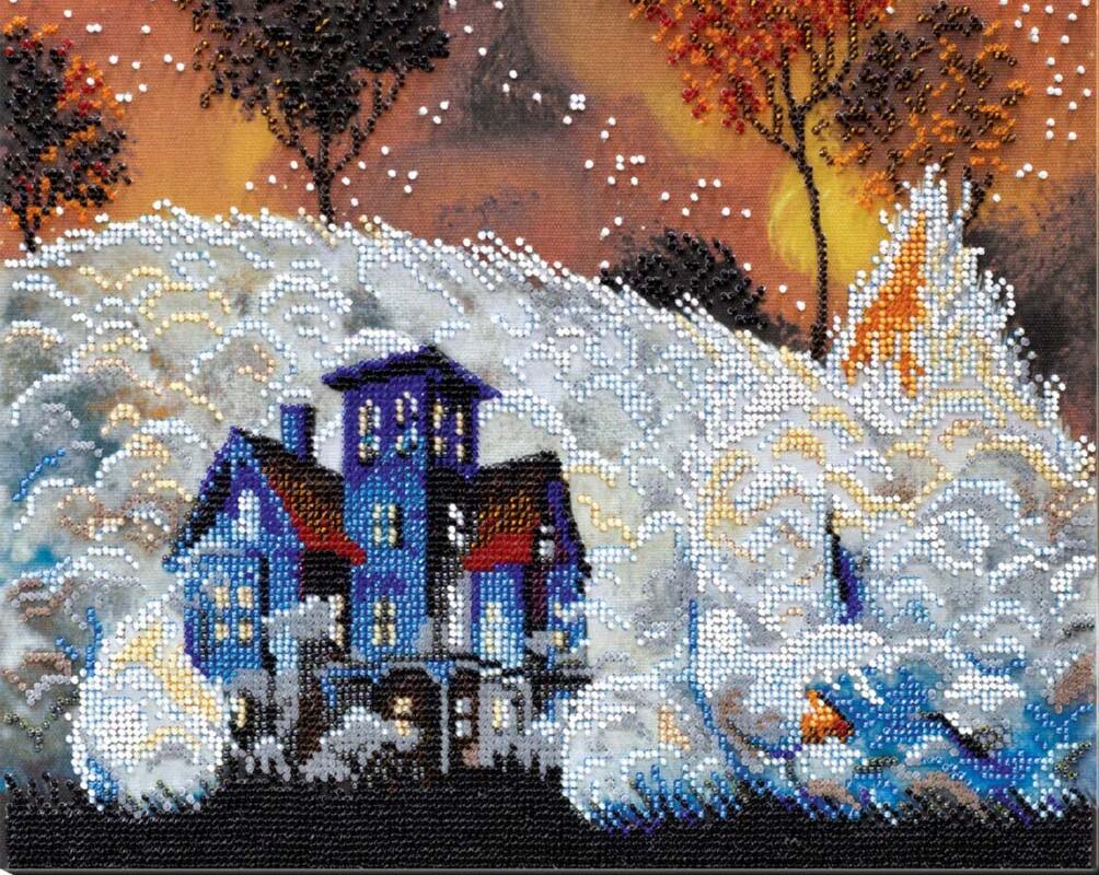 Decorative diamond painting of a house with snow and trees at night.