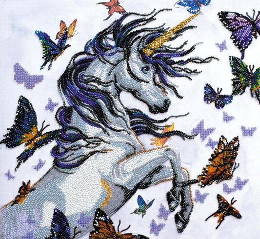 Decorative unicorn with colorful butterflies on a white background