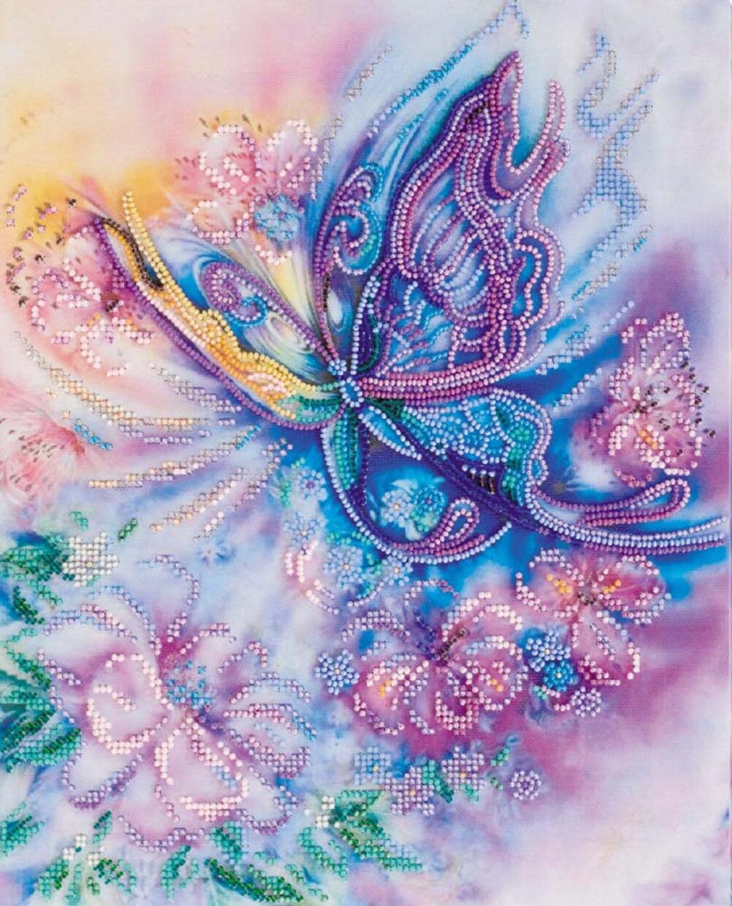 Colorful butterfly design with rhinestones on a soft pastel background