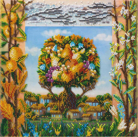 Decorative beaded artwork of a tree with flowers and birds, framed by trees and clouds.