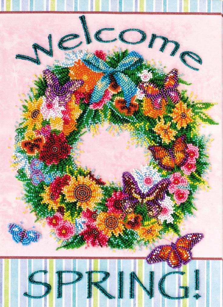 Decorative card with a colorful wreath of flowers and butterflies, and the text 'Welcome Spring!' on a striped background.