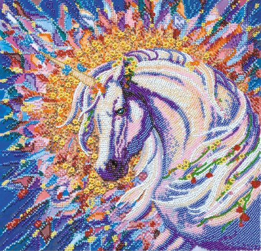 Colorful mosaic artwork of a unicorn with a starry background