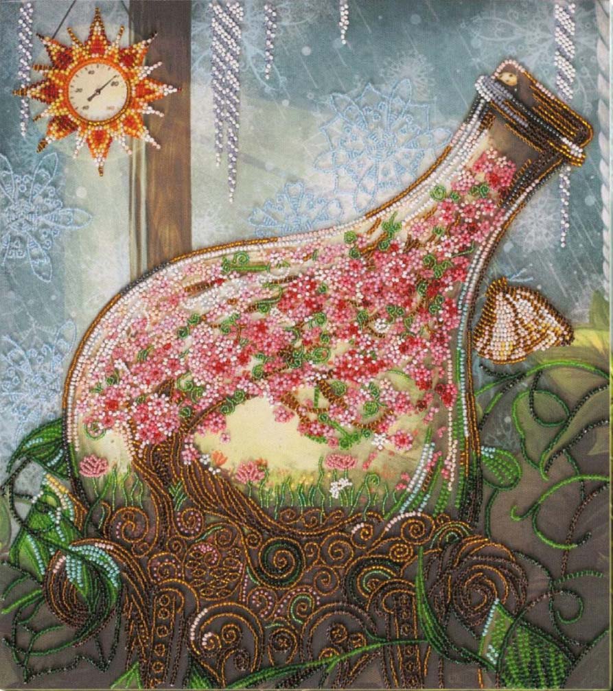 Decorative painting of a floral-patterned vase with intricate designs and a clock in the background.