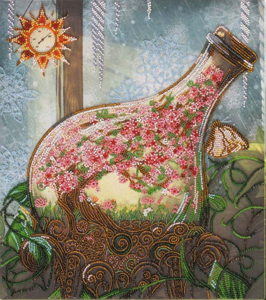 Decorative painting of a floral-patterned vase with intricate designs and a clock in the background.
