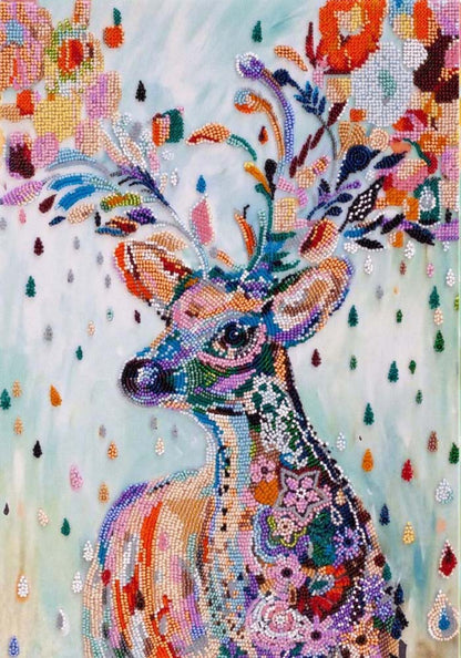 Colorful bead embroidery of a deer with floral patterns on a light background